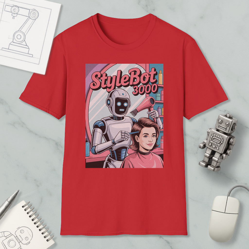 a red t-shirt with a graphic design depicting a robot hairdresser styling a woman's hair. The t-shirt is placed on a marble surface, surrounded by various objects such as a computer mouse, a notebook, and a toy robot.