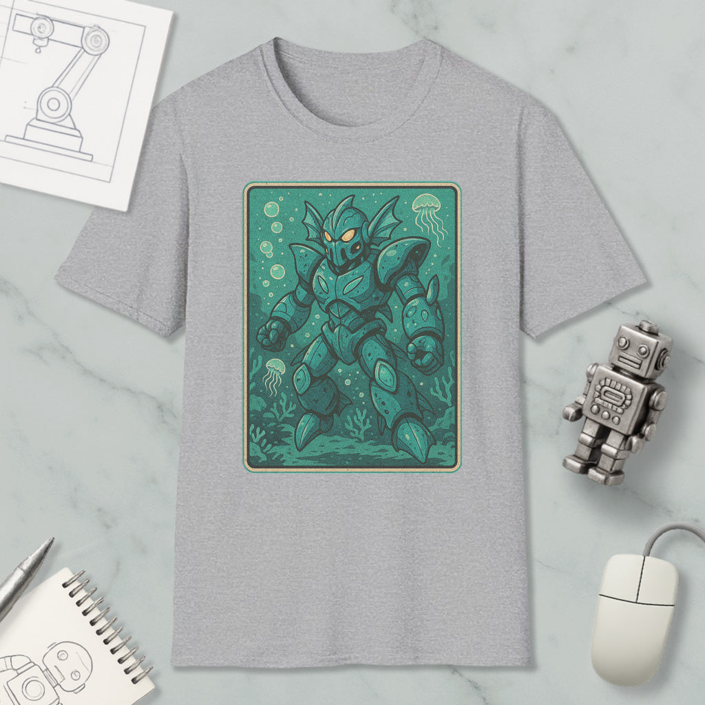 a gray t-shirt with a graphic of a green armored robot or character, surrounded by bubbles and marine life, such as jellyfish. The t-shirt is placed on a marble surface, along with a computer mouse, a pen, and a notebook.