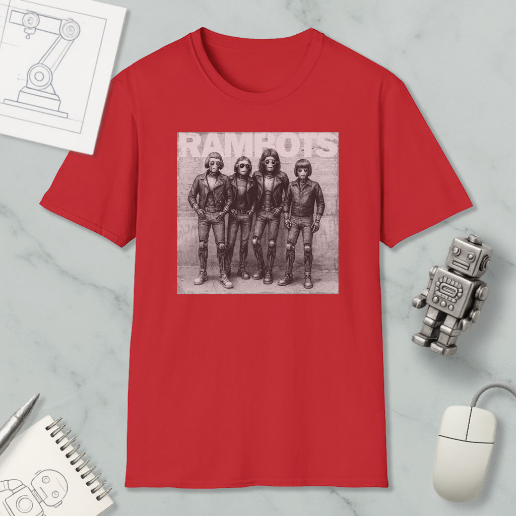a red t-shirt with a black and white graphic of four people, along with a computer mouse and a notebook.