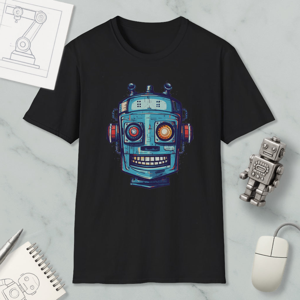 a black t-shirt with a colorful robot design on it, along with various objects such as a computer mouse, a notebook, and a small robot figurine.
