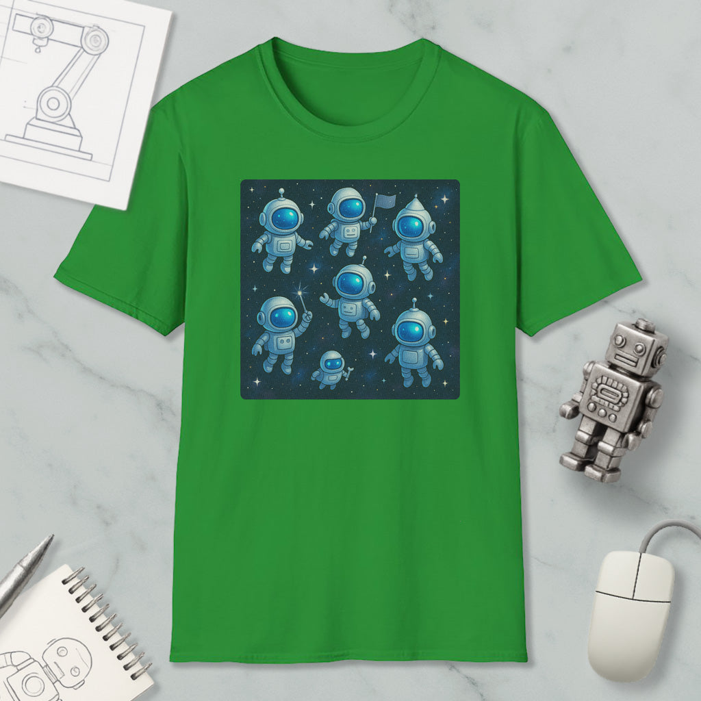 a green t-shirt with a graphic of seven cartoon-like astronaut figures in a space scene, along with a computer mouse and other office supplies.