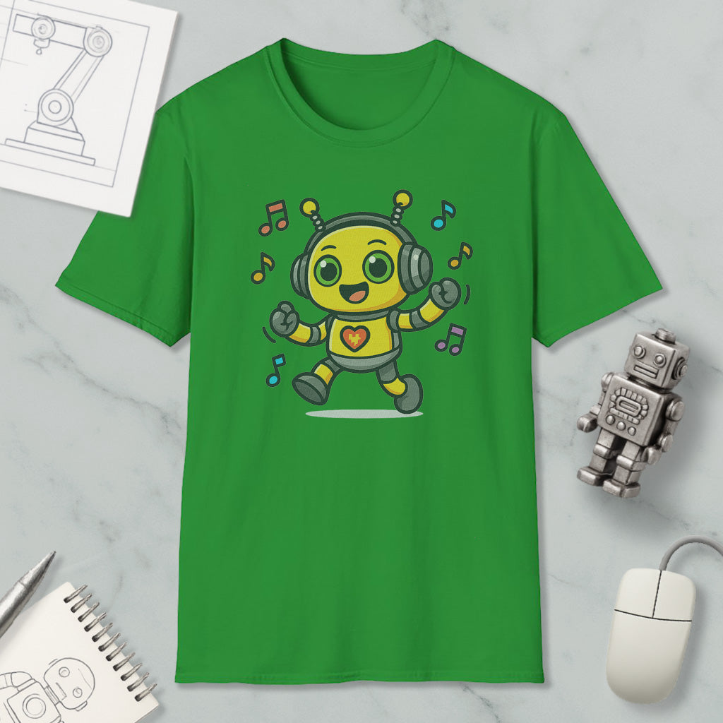 a green t-shirt with a cartoon robot design, along with a computer mouse, a notebook, and a pen on a marble surface.
