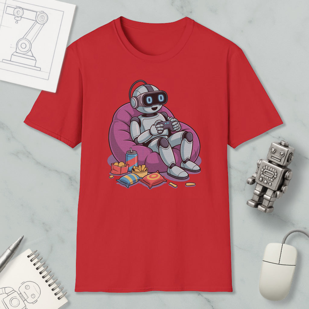 a red t-shirt with a cartoon robot sitting in a bean bag chair, holding a remote control and surrounded by snacks.