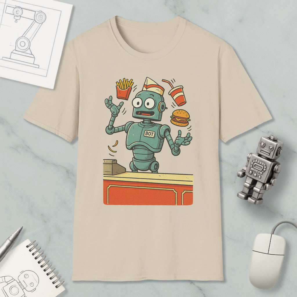a t-shirt with a cartoon robot character, a hamburger, french fries, and a drink, along with a computer mouse and a notebook.