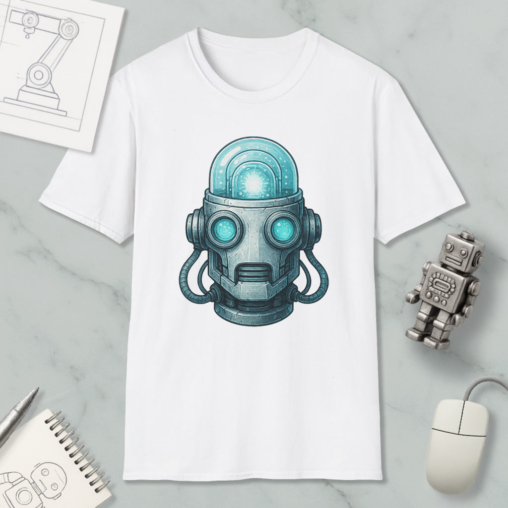 a white t-shirt with a graphic design of a robot head, along with various objects such as a computer mouse, a notebook, and a pen.
