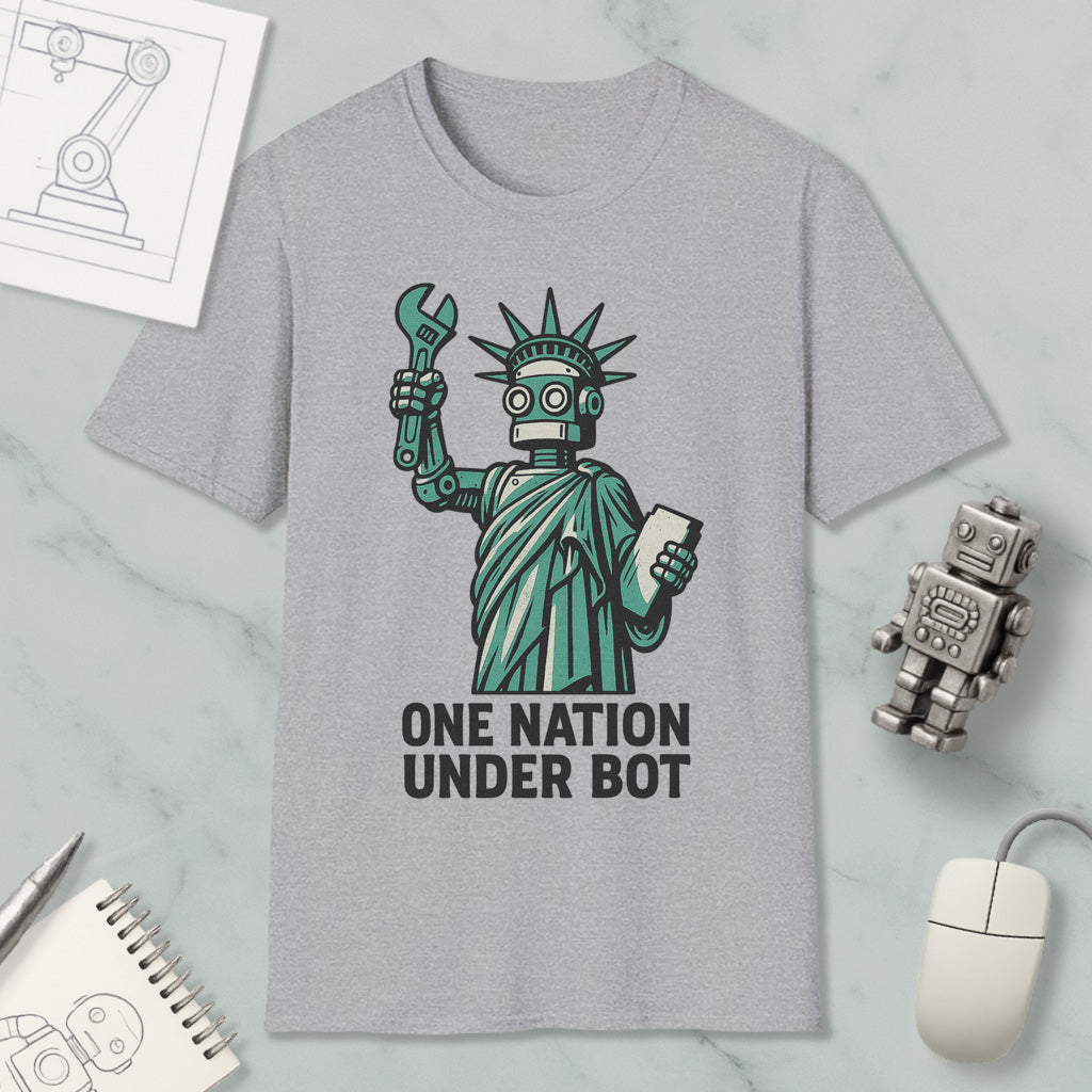 a gray t-shirt with a graphic design depicting a robot figure holding a wrench and a smartphone, accompanied by the text "One Nation Under Bot".