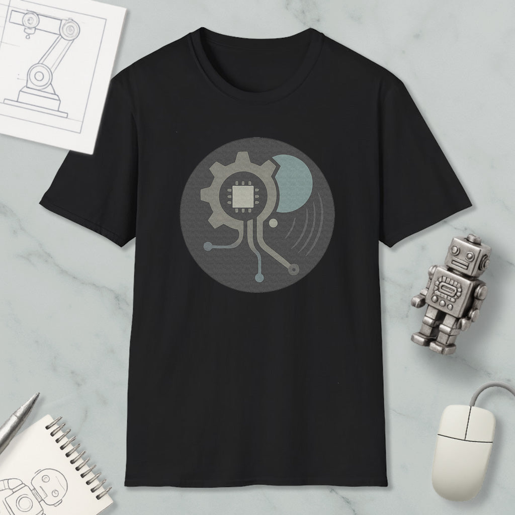 a black t-shirt with a graphic design on it, along with various objects such as a computer mouse, a robot, and a notebook.