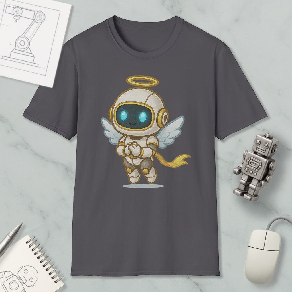 a gray t-shirt with a cartoon illustration of a winged robot or angel-like character, along with various objects such as a computer mouse, a notebook, and a small robot figurine.