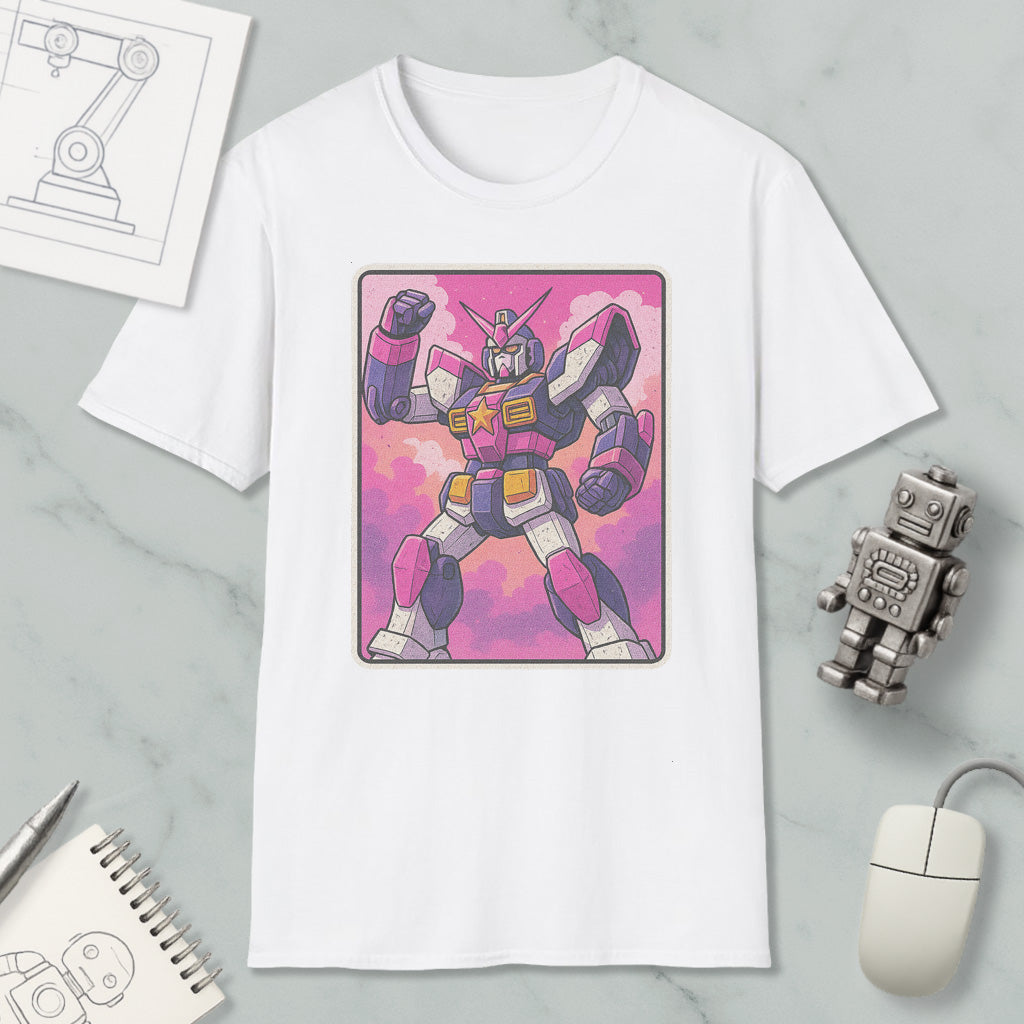 a white t-shirt with a colorful graphic of a robot or character, along with various objects such as a computer mouse, a notebook, and a pen.