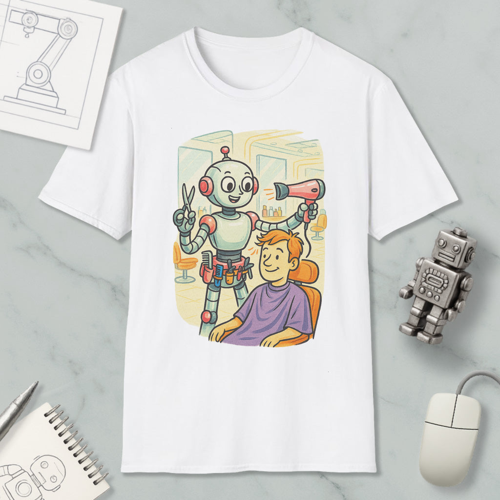 A white t-shirt with an illustration of a robot giving a haircut to a person, accompanied by a robot toy and a computer mouse.