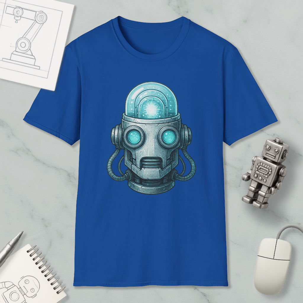 a blue t-shirt with a graphic of a robot head, along with various objects such as a computer mouse, a notebook, and a pen.
