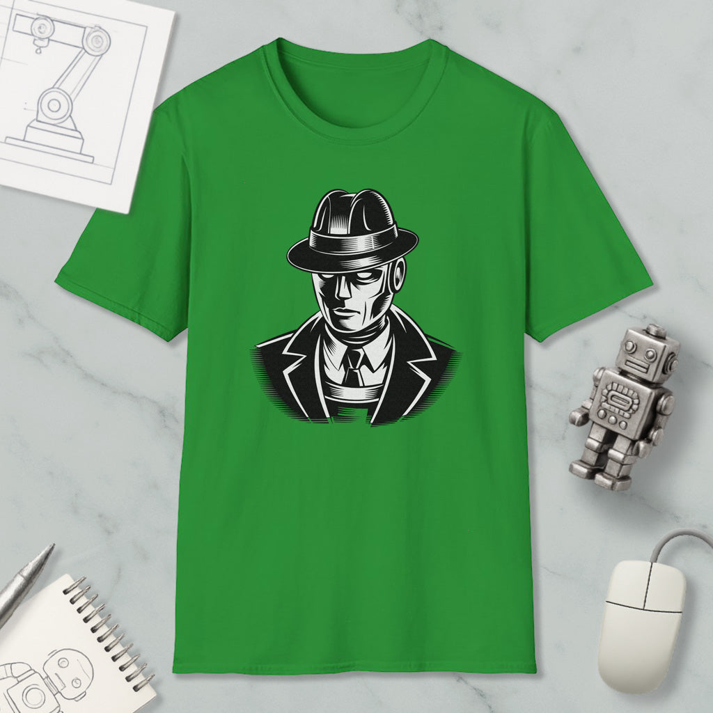 a green t-shirt with a graphic of a man wearing a hat and suit, along with a computer mouse and other office supplies.