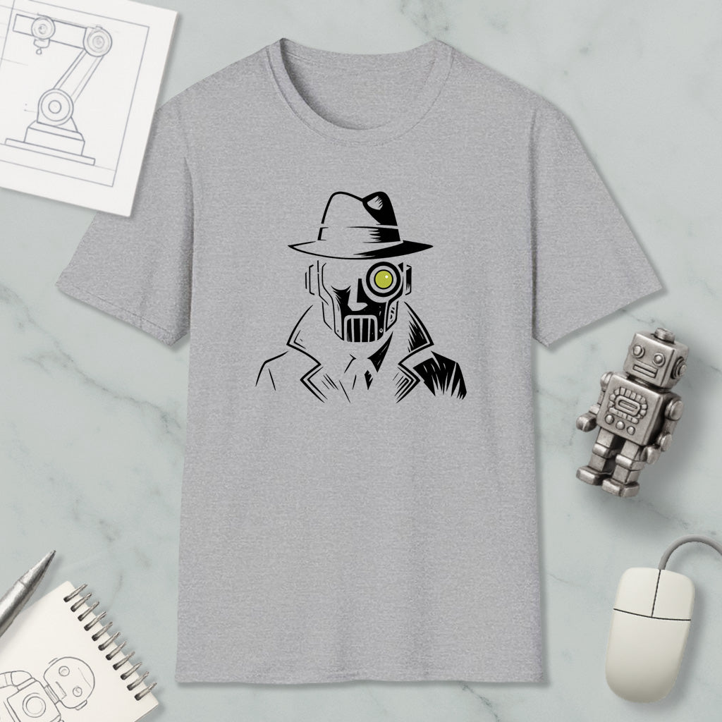 a gray t-shirt with a graphic design of a person wearing a hat and a mask, along with a computer mouse and other office supplies.