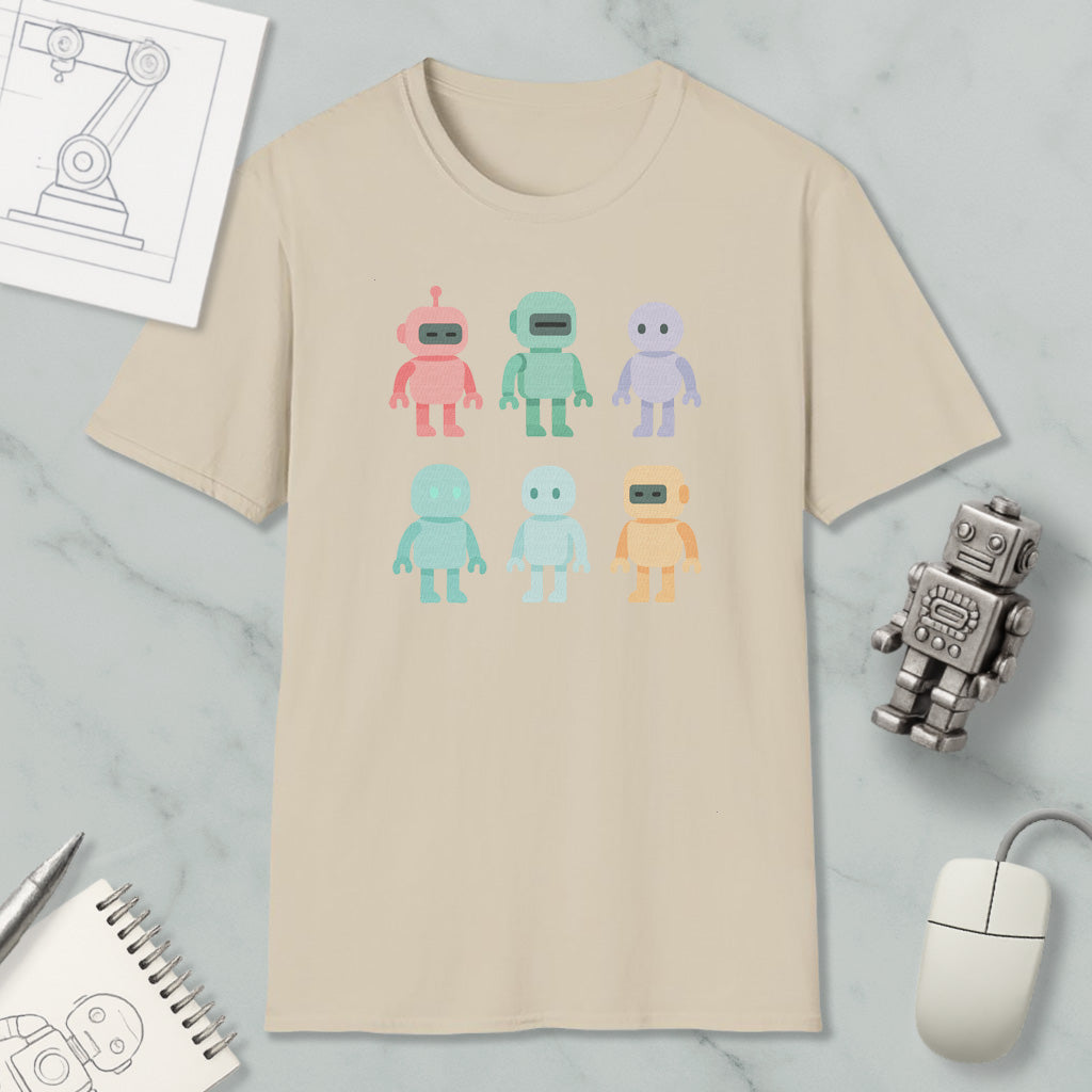 a beige t-shirt with a graphic design of six colorful robot characters, along with various objects such as a computer mouse, a notebook, and a pen.
