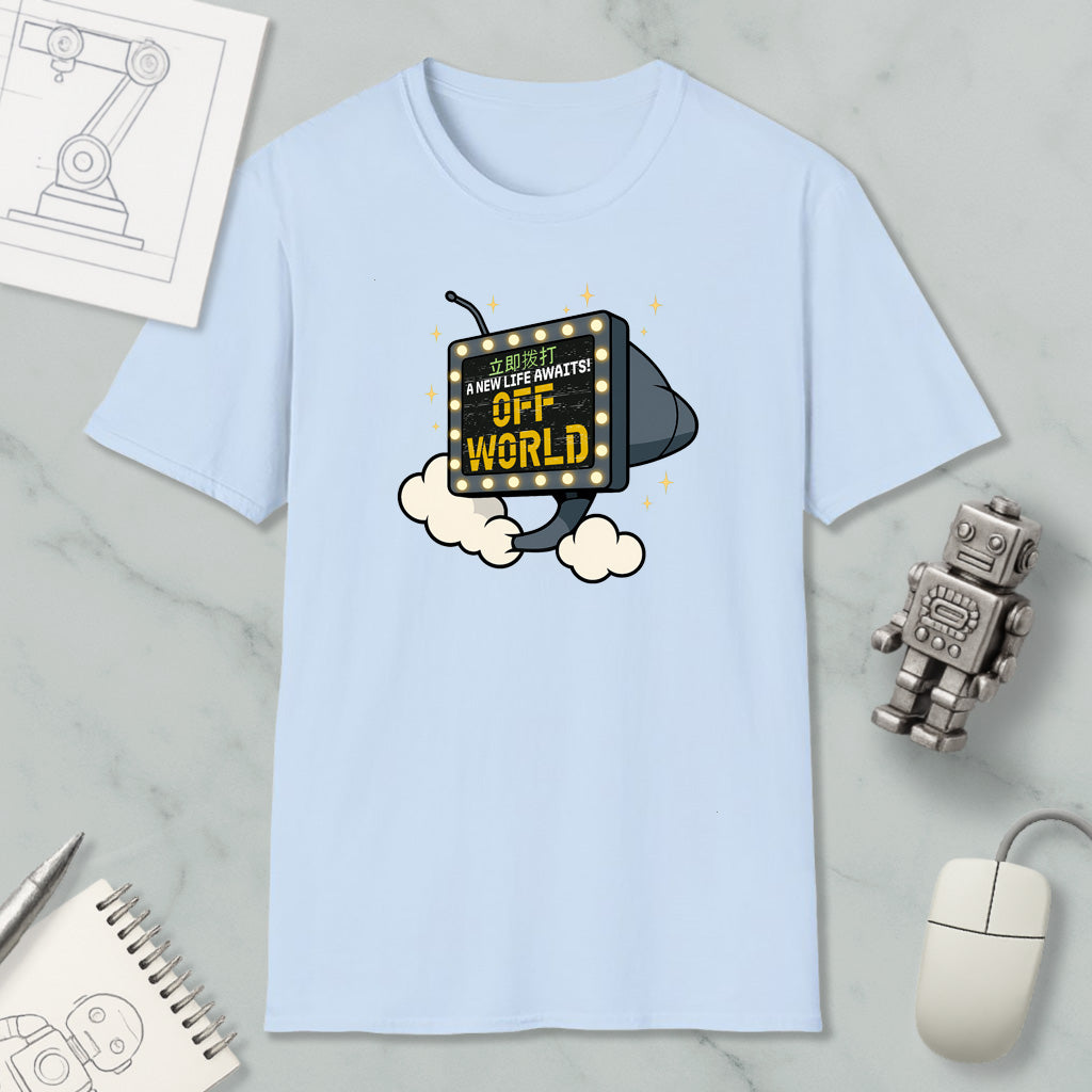 A light blue t-shirt with a graphic design depicting a robot or character with a sign that says "A NEW LIFE AWAY!"