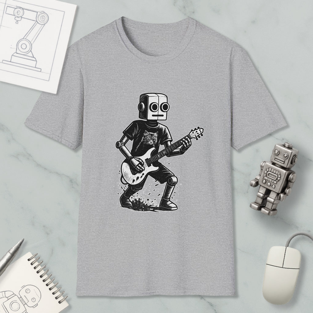 a gray t-shirt with a graphic of a robot playing a guitar, along with various objects such as a computer mouse, a notebook, and a robot figurine.
