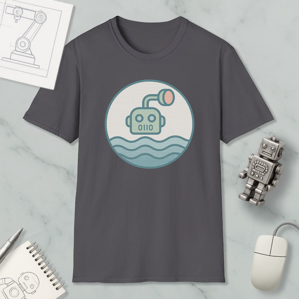 a gray t-shirt with a graphic design of a robot or submarine in the water, along with a computer mouse, a notebook, and a small robot figurine.