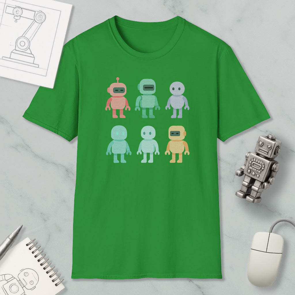 a green t-shirt with a graphic design of six colorful robot characters on it, along with various objects such as a computer mouse, a notebook, and a pen.