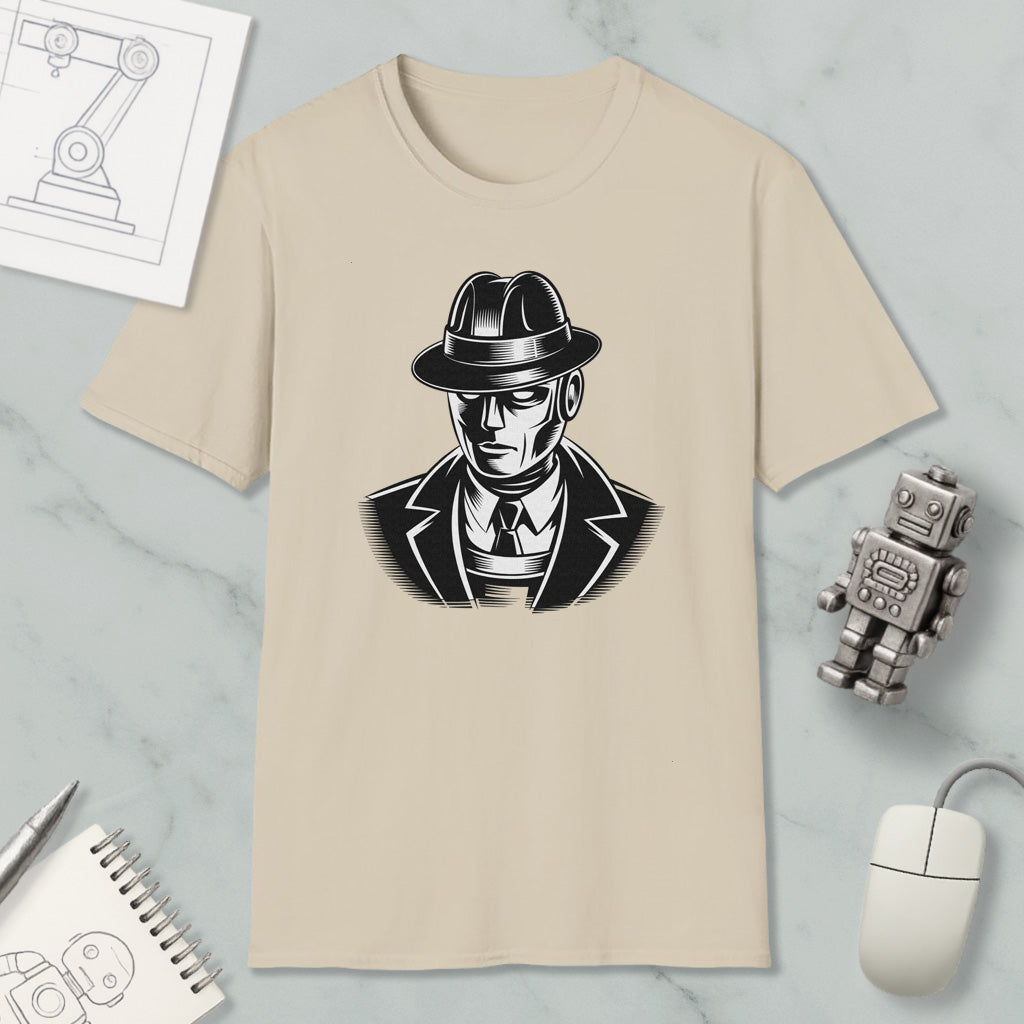 a beige t-shirt with a black and white graphic of a man wearing a hat and suit, along with a small robot and a computer mouse.
