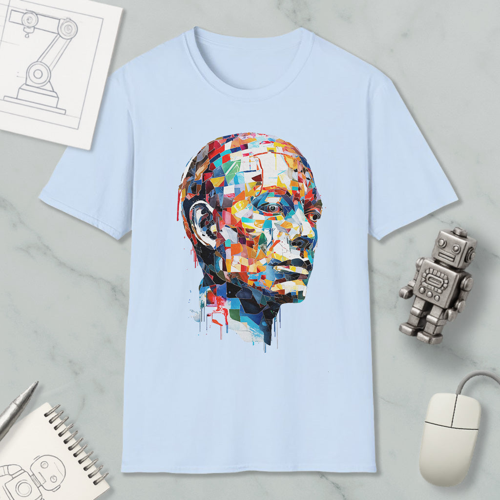 a light blue t-shirt with a colorful, abstract portrait of a man's face printed on it, along with various objects such as a computer mouse, a robot, and a notebook.