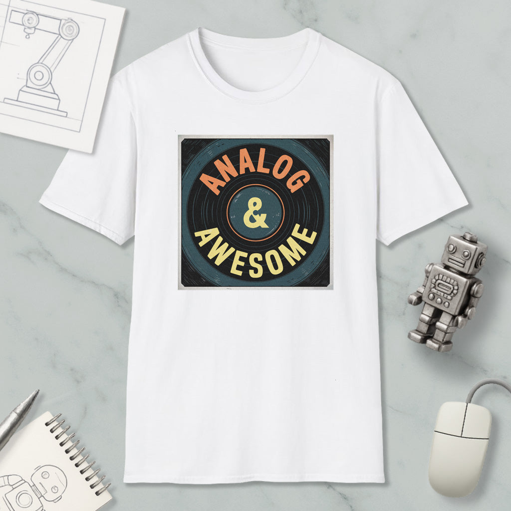 a white t-shirt with a graphic design that says "ANALOG & AWESOME" on it, along with a robot and a computer mouse.