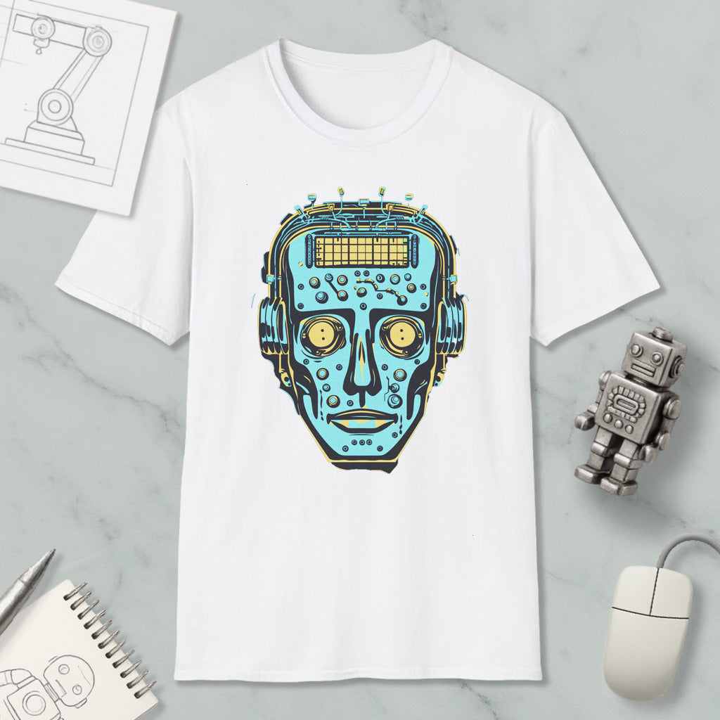 a white t-shirt with a graphic design of a robot's face, surrounded by various objects such as a computer mouse, a pen, and a notebook.