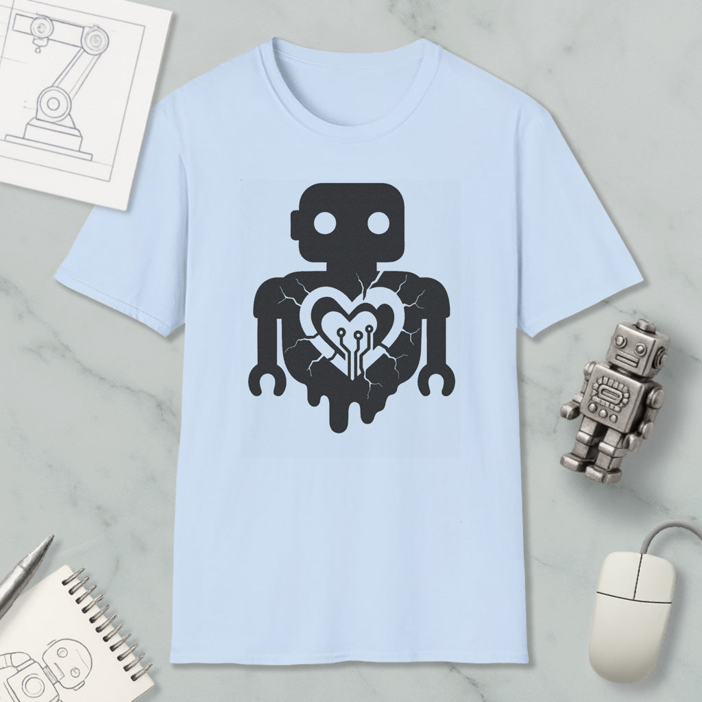 a light blue t-shirt with a graphic design of a robot with a heart symbol, accompanied by a computer mouse, a notebook, and a pen on a marble surface.