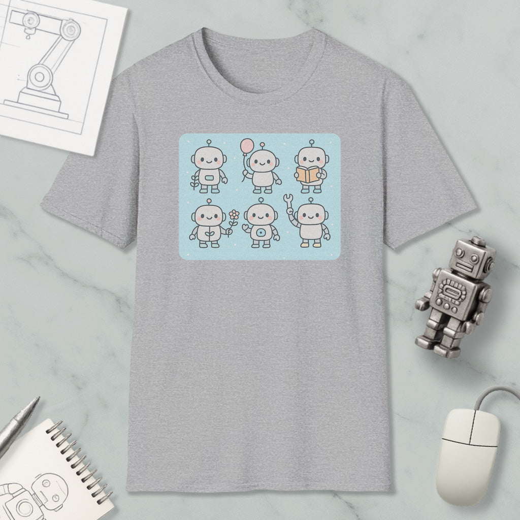 a gray t-shirt with a graphic design of six cute robot characters, along with a computer mouse, a notebook, and a pen on a marble surface.
