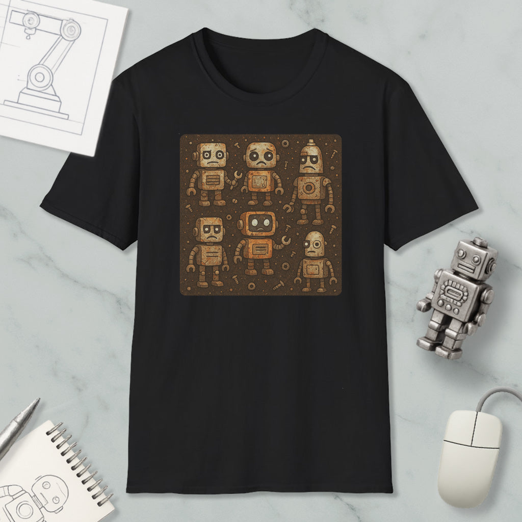 a black t-shirt with a graphic design of eight cartoon-like robots, each with unique features and expressions. The t-shirt is displayed on a marble surface, along with a computer mouse, a notepad, and a pen.