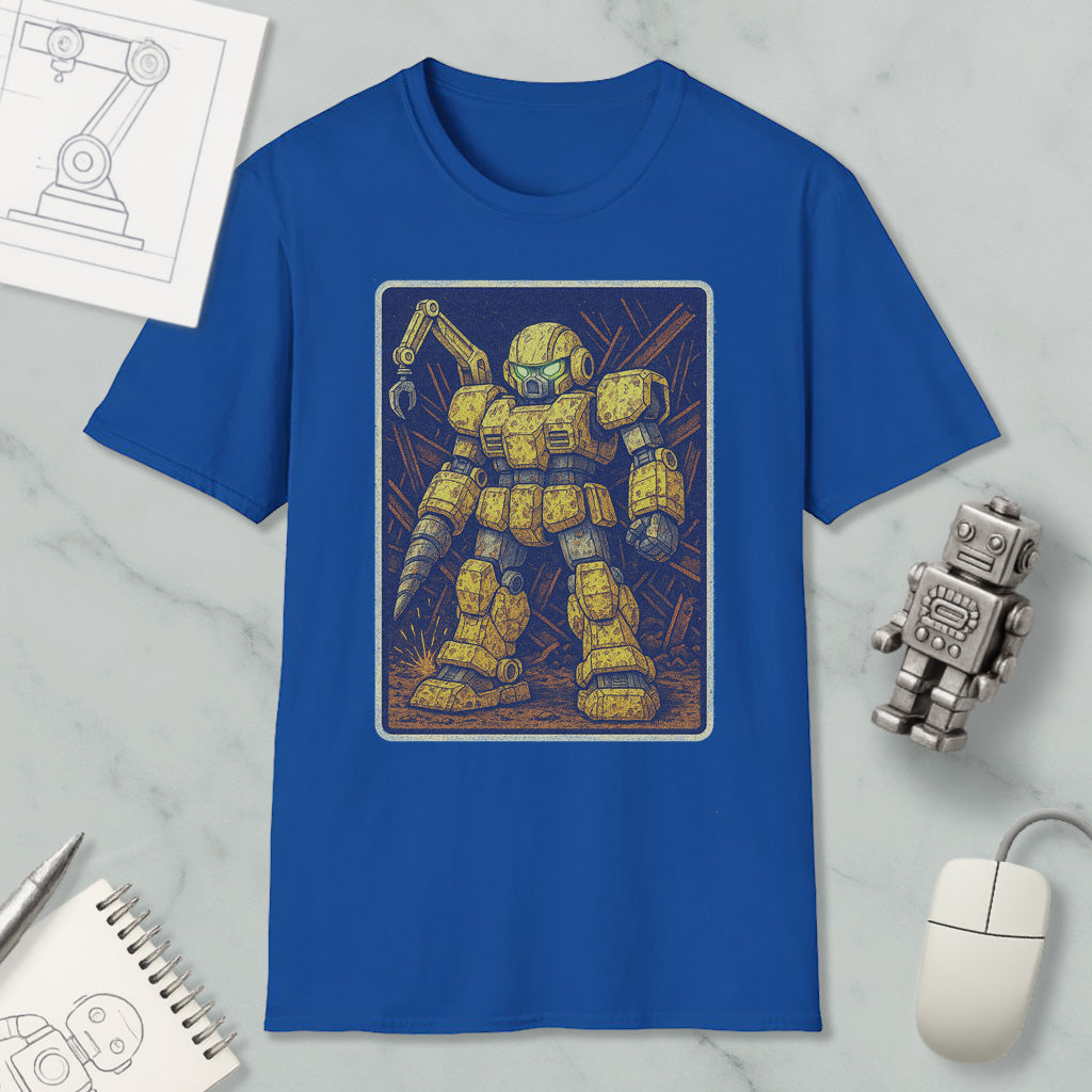 a blue t-shirt with a graphic of a yellow robot or robot-like figure, along with various objects such as a computer mouse, a pen, and a notebook.