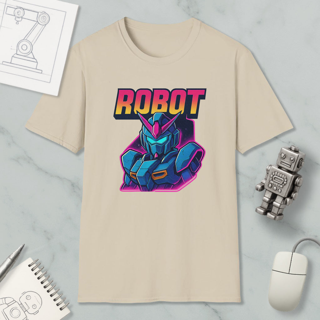 a beige t-shirt with a graphic design of a robot character, along with various objects such as a computer mouse, a pen, and a notebook.