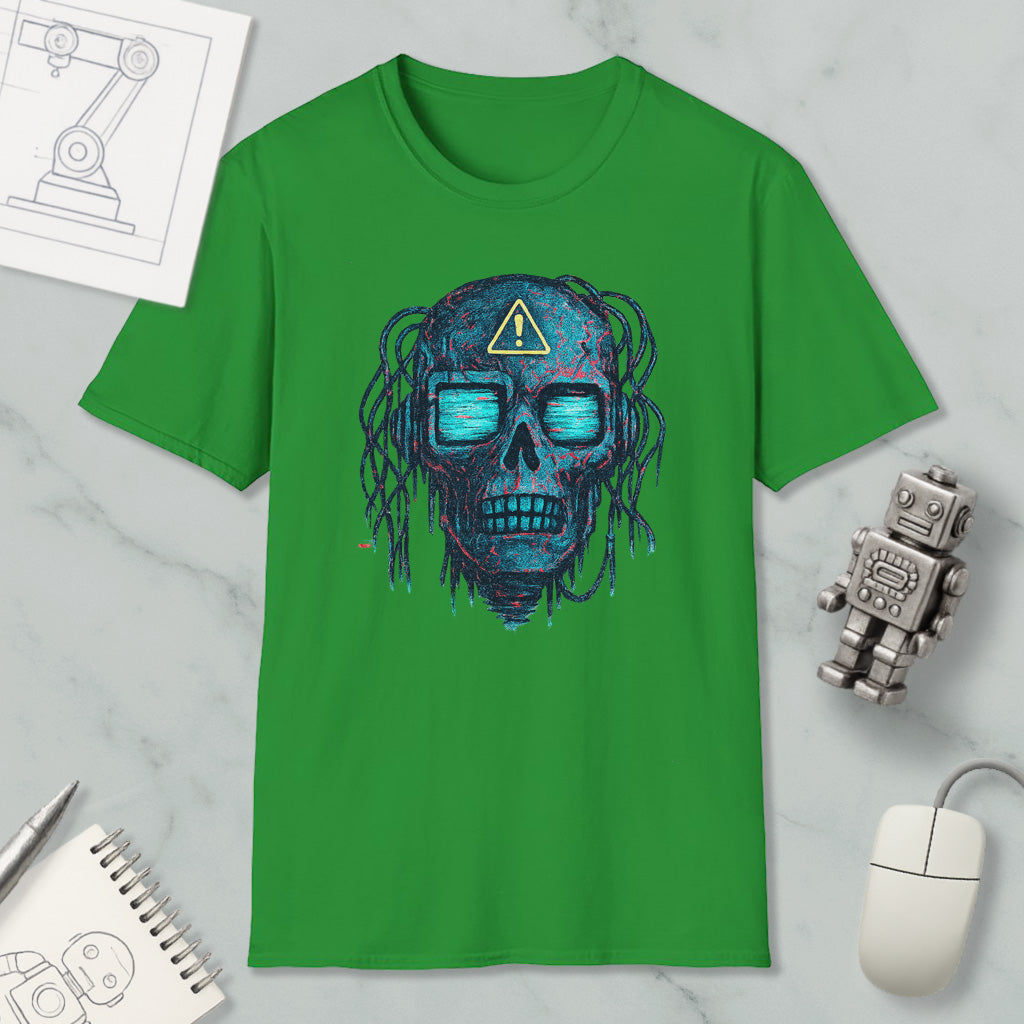 a green t-shirt with a skull design, along with various objects such as a computer mouse, a notebook, and a robot.