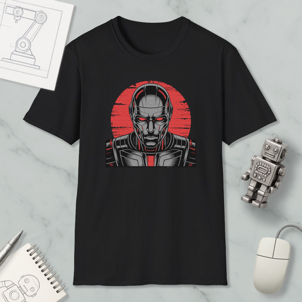 a black t-shirt with a graphic design depicting a robot or cyborg-like figure, along with a red circular background and a robot-like object.