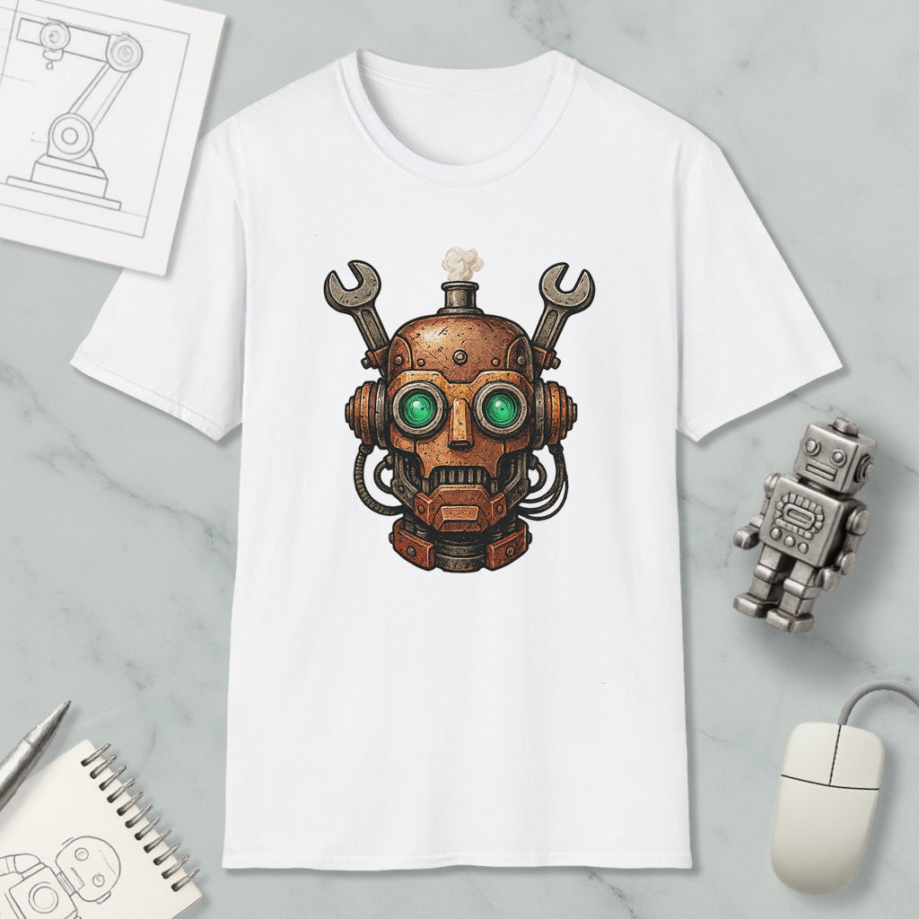 a white t-shirt with a unique robot design printed on it, along with various objects such as a computer mouse, a notebook, and a sketch of a machine.