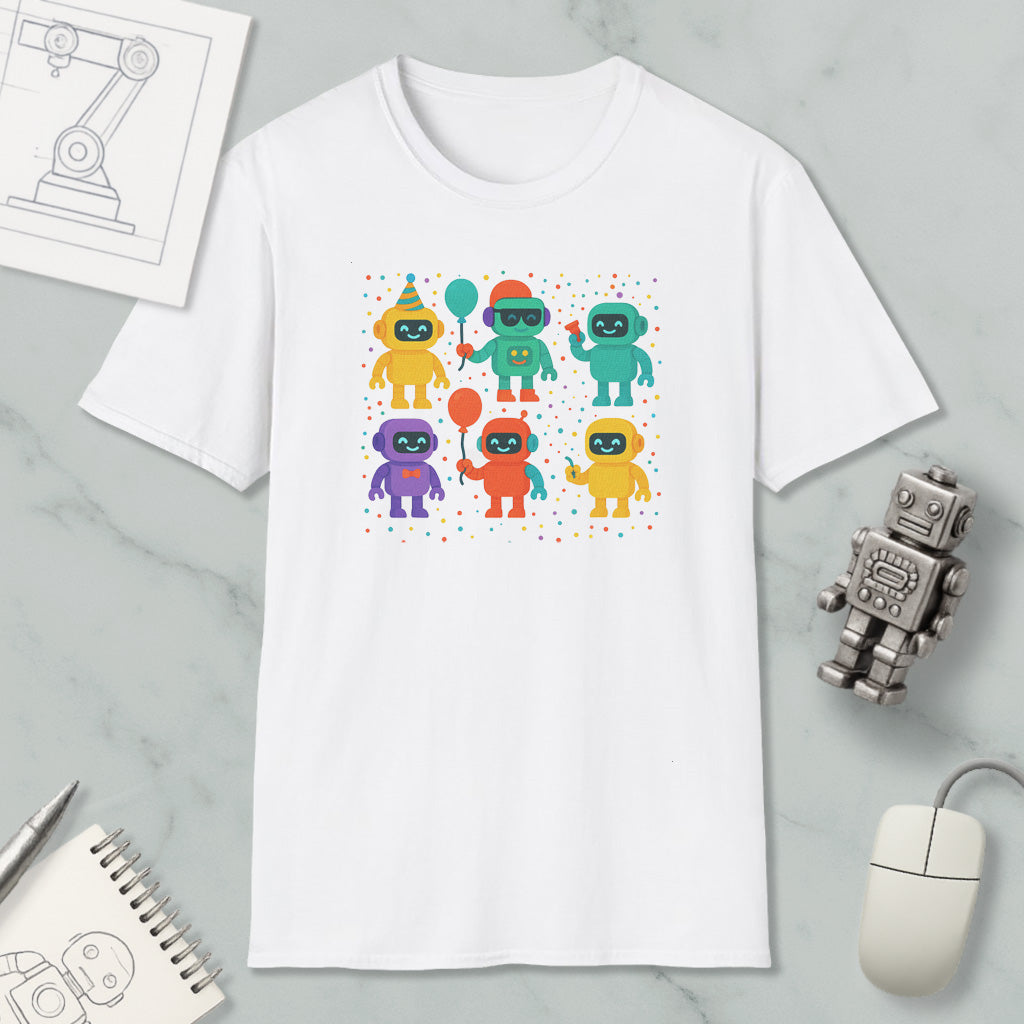 a white t-shirt with a colorful graphic of six cartoon robots, each holding a party hat and balloon, arranged in a square pattern. The t-shirt is placed on a marble surface, and there are various objects such as a computer mouse, a notebook, and a toy robot nearby.