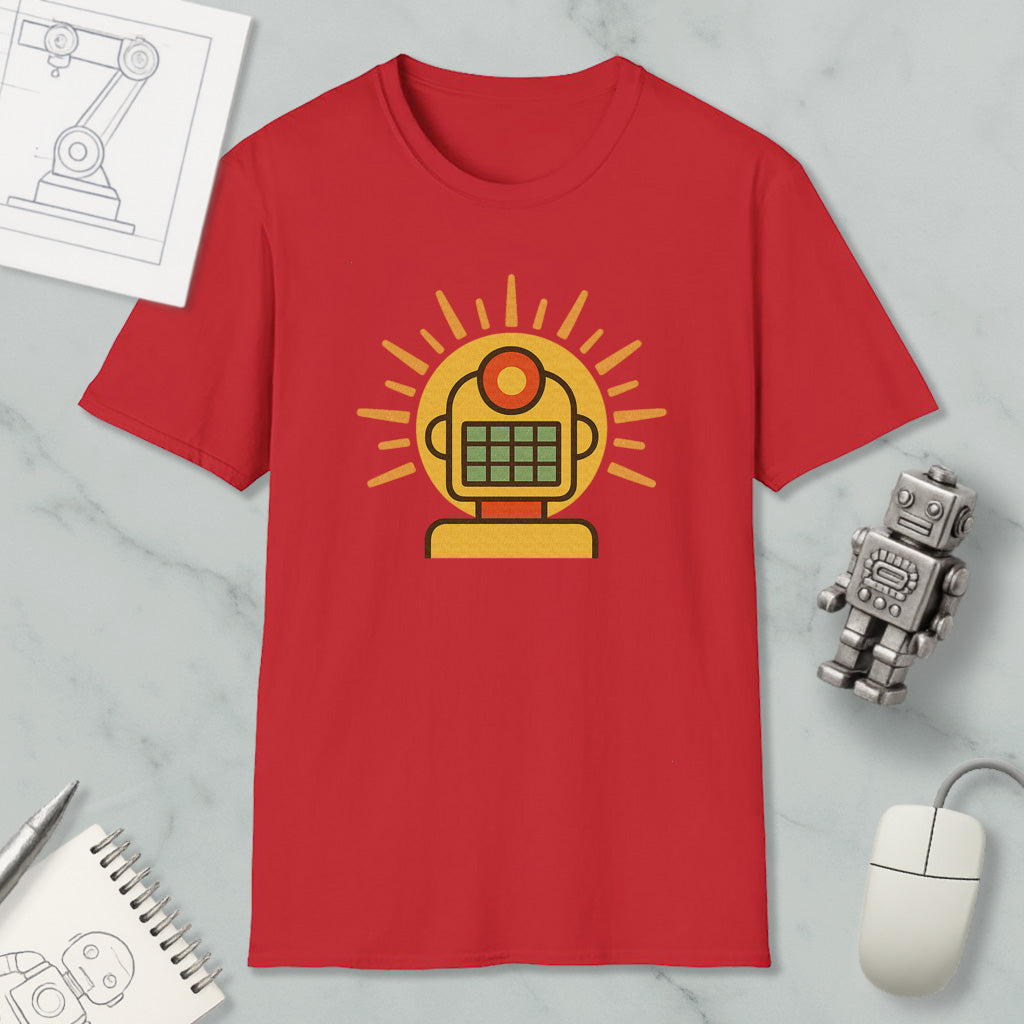 a red t-shirt with a yellow and orange robot graphic, along with a computer mouse, a notebook, and a pen on a marble surface.
