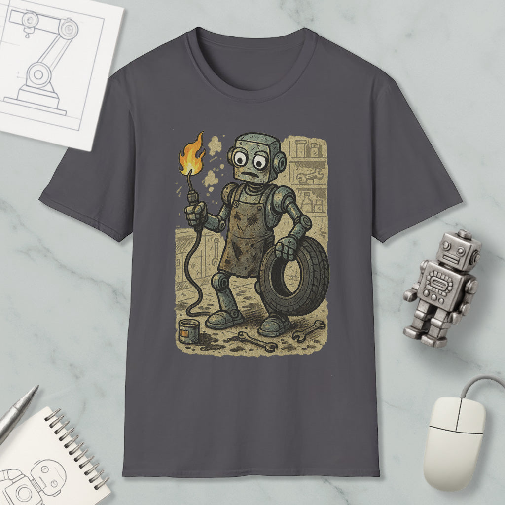 a t-shirt with a cartoon robot holding a lit cigarette and a tire, surrounded by various objects such as a computer mouse, a notebook, and a small robot.