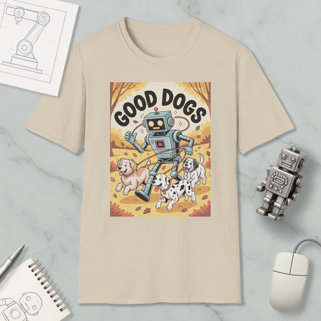 a t-shirt with a cartoon robot walking with two dogs, accompanied by the text "GOOD DOGS".