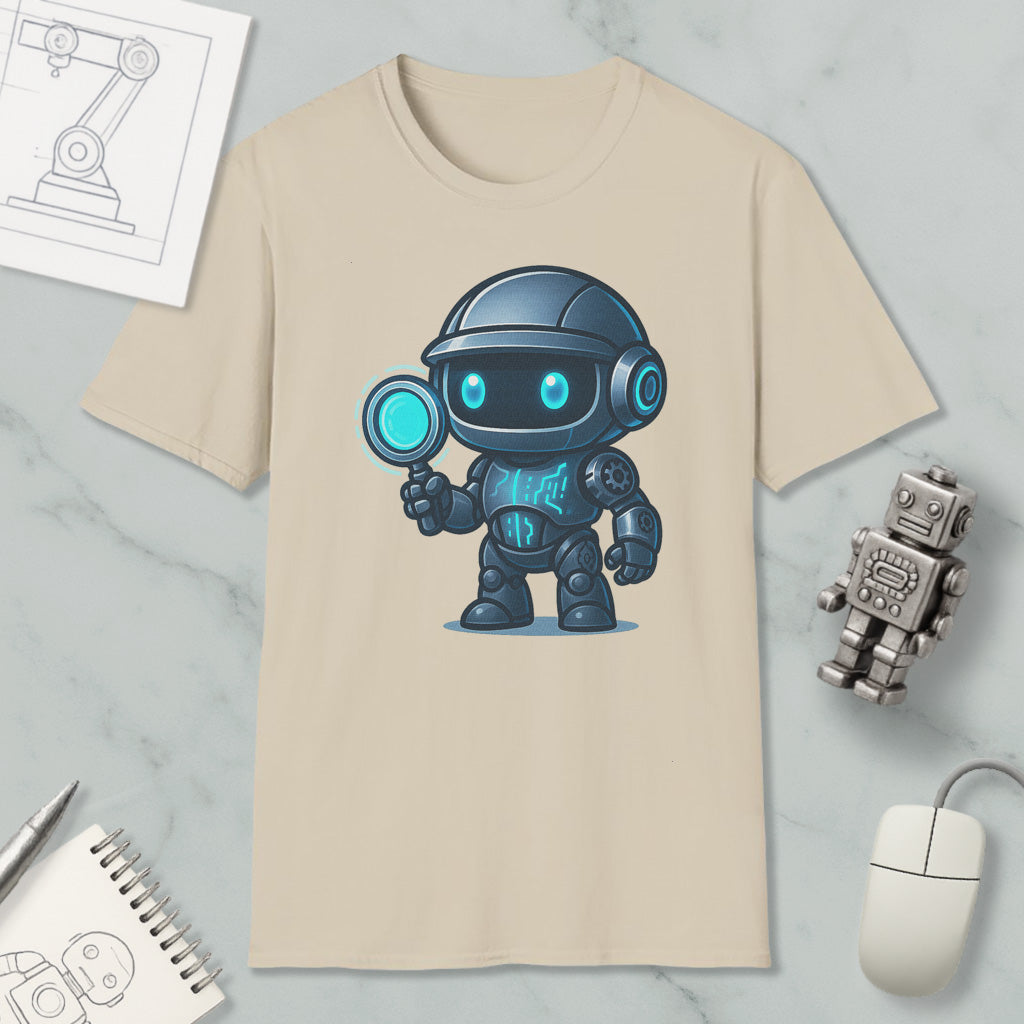 a t-shirt with a cartoon robot design, along with various objects such as a computer mouse, a notebook, and a pen.