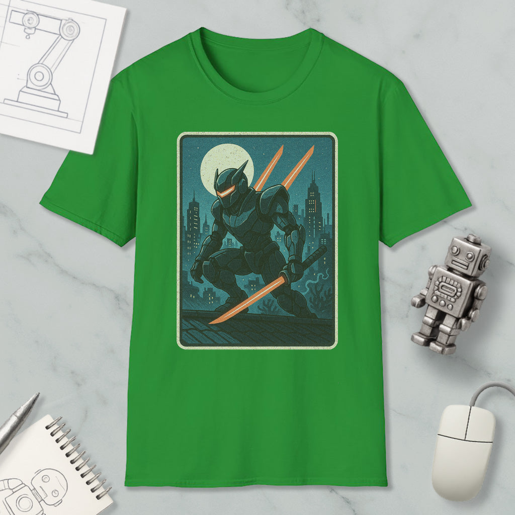a green t-shirt with a graphic design depicting a character wielding a sword and standing on a rooftop at night. The t-shirt is displayed on a marble surface, along with a computer mouse, a notebook, and a small robot figurine.