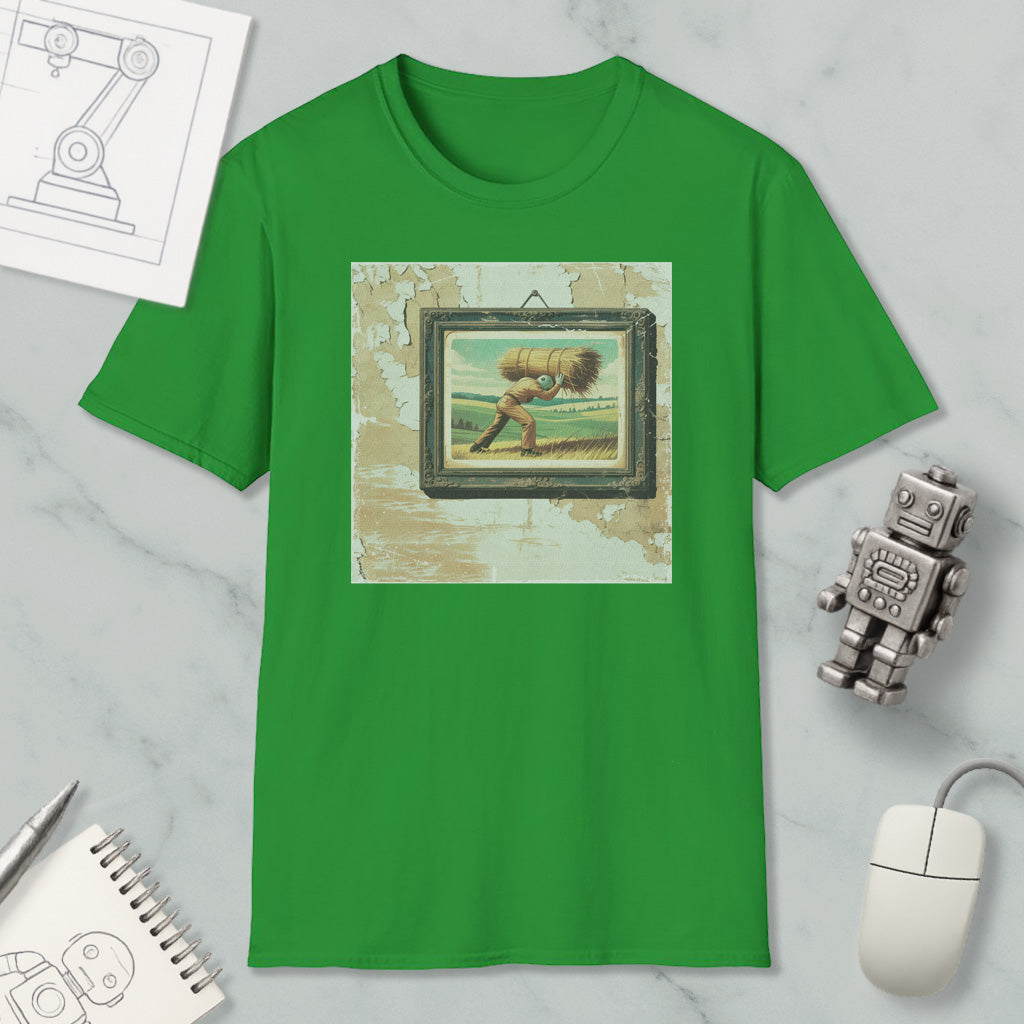 a green t-shirt with a painting of a man carrying a large bundle on his back, surrounded by various objects such as a computer mouse, a robot, and a notebook.