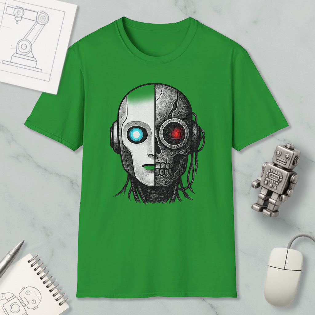 a green t-shirt with a graphic design of a robot or cyborg head, along with various objects such as a computer mouse, a notebook, and a robot figurine.