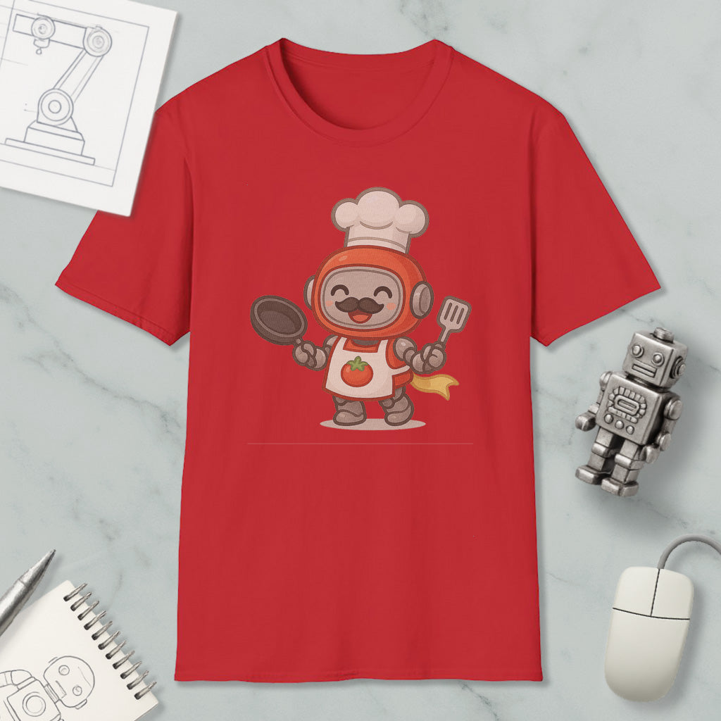 a red t-shirt with a cartoon chef character wearing a chef's hat and holding a frying pan and spatula. The t-shirt is displayed on a marble surface, along with a computer mouse, a pen, and a notebook.