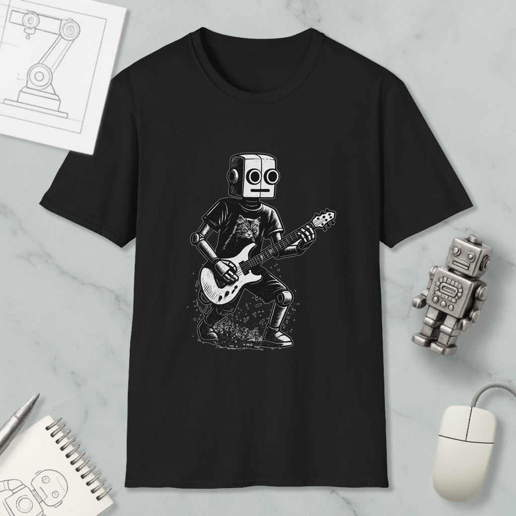 a black t-shirt with a graphic design of a robot playing a guitar.