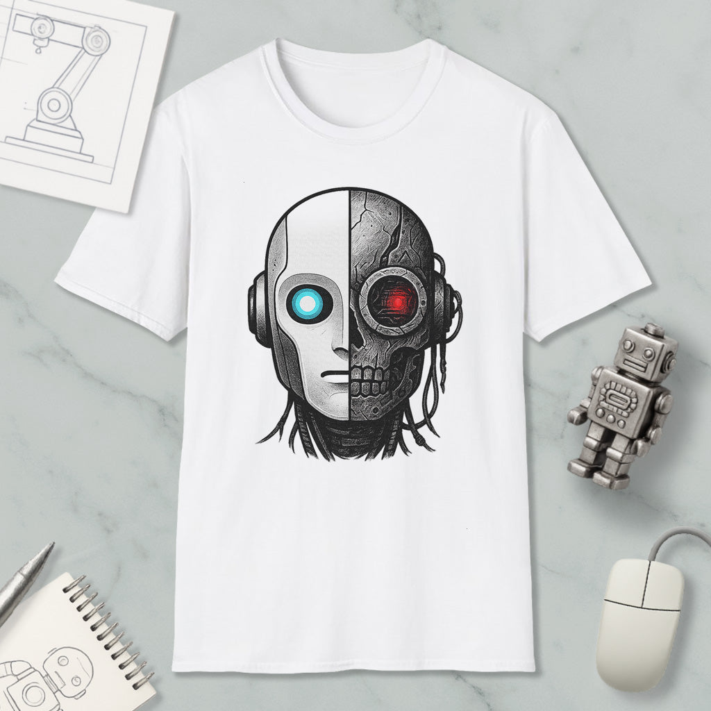 a white t-shirt with a graphic design depicting a robot or cyborg head with a skull-like face, surrounded by various objects such as a computer mouse, a notebook, and a pen.