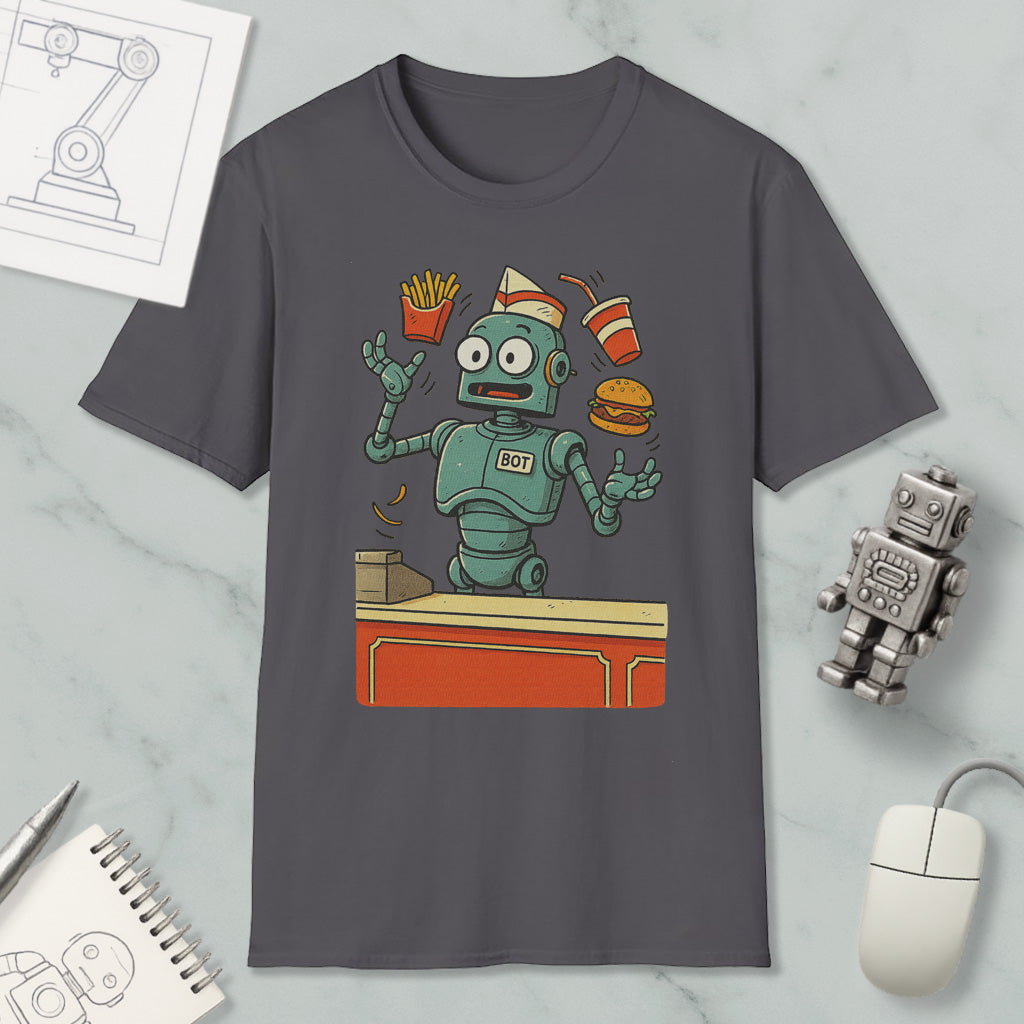 a gray t-shirt with a cartoon robot holding a burger, fries, and a drink, surrounded by various objects such as a computer mouse, a notebook, and a pen.