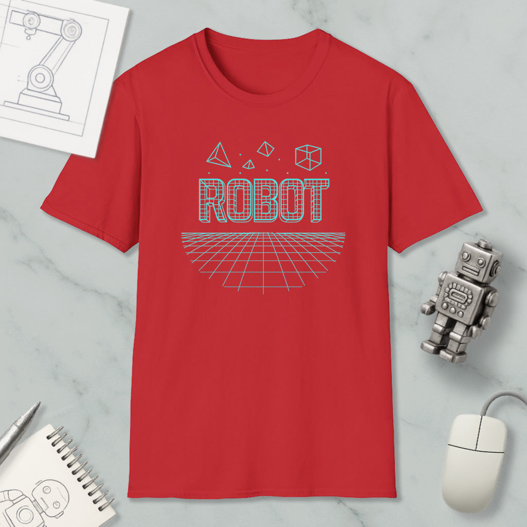 a red t-shirt with a graphic design, a computer mouse, a notebook, and a small robot figurine on a marble surface.