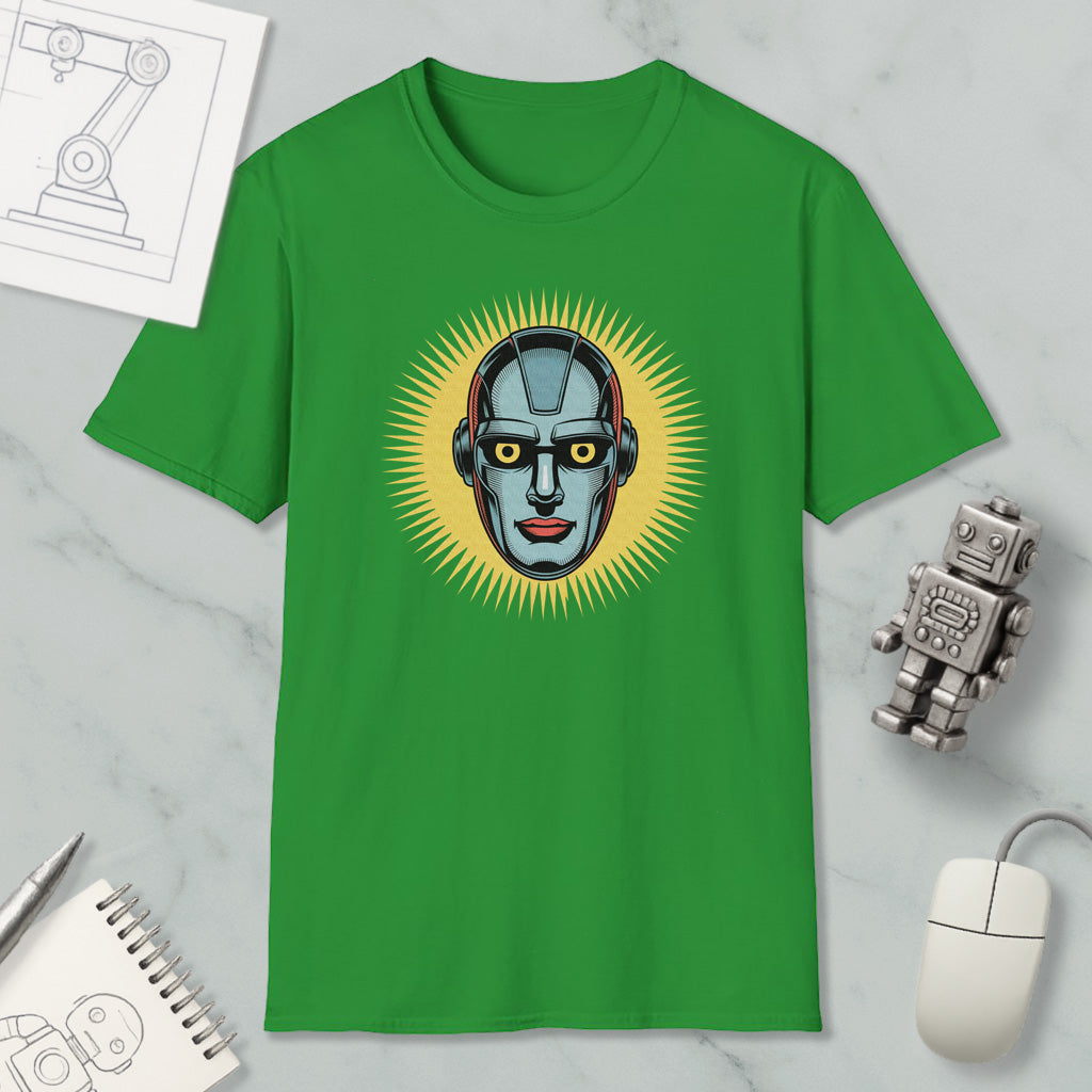 a green t-shirt with a graphic design of a robot or robot-like figure, surrounded by various objects such as a computer mouse, a notebook, and a pen.