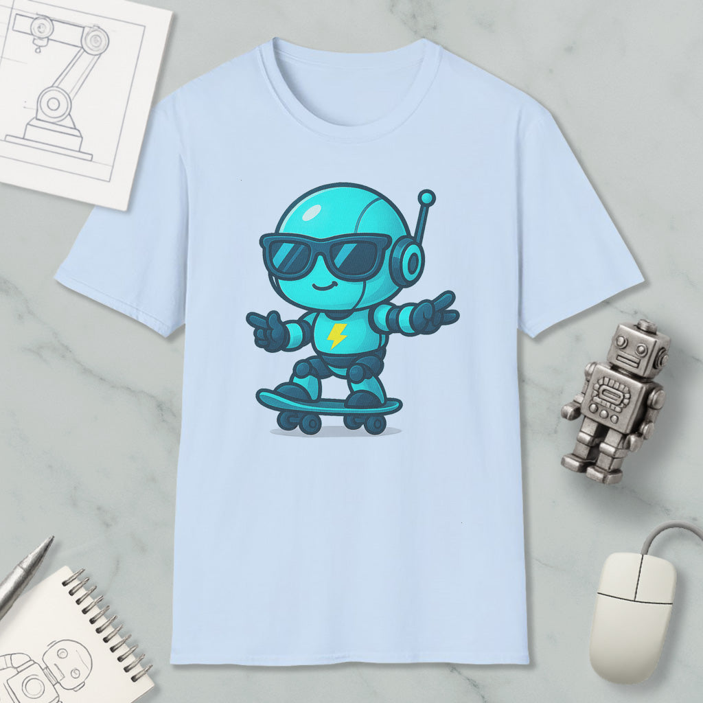 A light blue t-shirt with a cartoon robot wearing sunglasses and riding a skateboard, along with a computer mouse and a notebook.