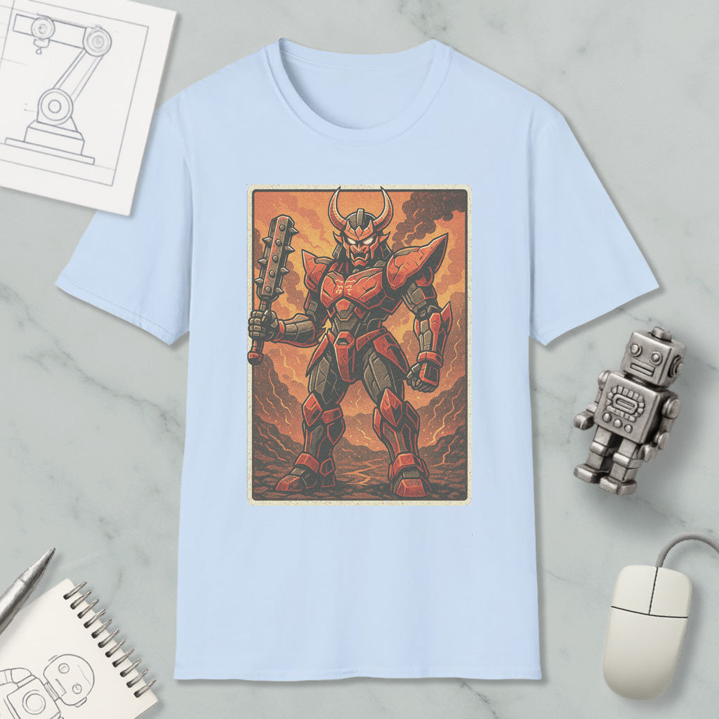 a t-shirt with a graphic design depicting a red and black armored robot or character, holding a weapon and standing in a fiery, rocky landscape.